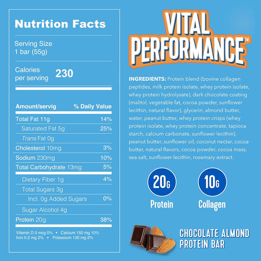 Vital Performance Protein Bar, Healthy Snacks, 20G Of Protein, 10G Of Collagen Peptides, 2-3G Of Sugar, Low Lactose, 12 Pack, Chocolate Almond