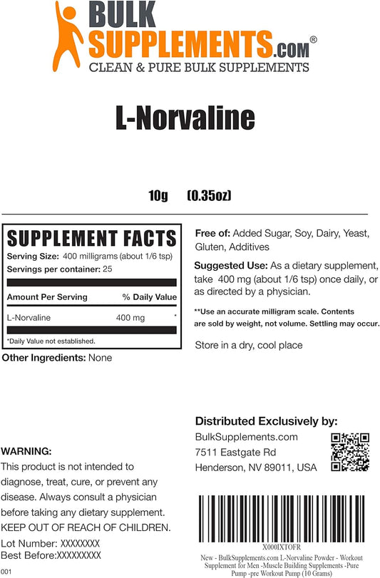 Bulksupplements.Com L-Norvaline Powder - Amino Acids Supplement For Energy, Nitric Oxide Supplement - Gluten Free - 400M