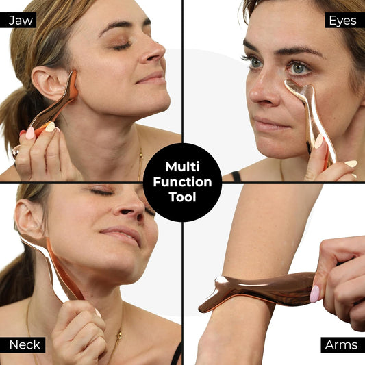 Aura Edge 2023 Gua Sha Facial Tool + Roller | Face Sculpting Tool | Lift Face & Chin | Manual Lymphatic Drainage | Reduce Puffiness | Relieve Facial Tension for Men & Women | Rose Gold