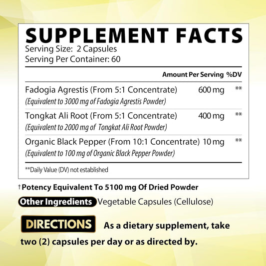 600Mg Fadogia Agrestis With 400Mg Tongkat Ali - Support For Energy Production, Strength, Immune System & Pre-Workout - 1
