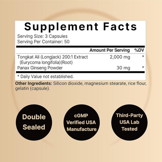 Naturebell Tongkat Ali 200:1 Extract For Men, 2000Mg Per Serving, Indonesia Origin, Eurycoma Longifolia | With Panax Gin