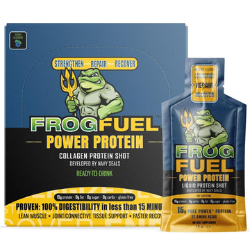Frog Fuel Power Regular Protein Shot, 15G Protein Nano-Hydrolyzed Grass Fed Collagen, Post Workout, Gluten Free, Fat & Sugar Free, 22 Amino Acids, 0 Carbs, Berry, 1 Oz Packets, 24 Pack