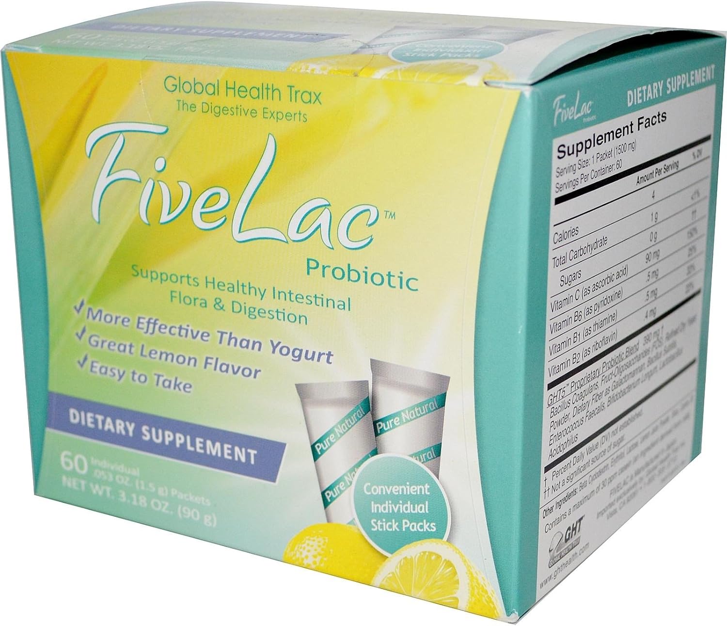 Global Health Trax, FiveLac Probiotic, Lemon Flavor, 60 Packets, .053
