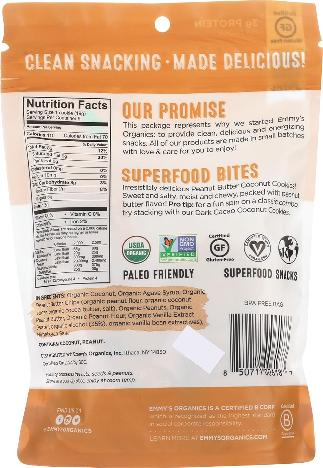 EMMYS Organic Peanut Butter Coconut Cookie, 6 OZ : Grocery