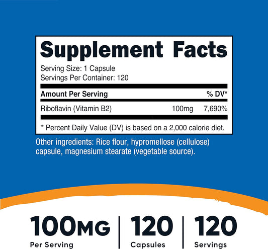 Nutricost Vitamin B2 (Riboflavin) 100Mg, 120 Capsules - Gluten Free An