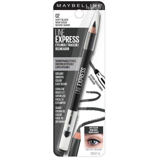 Maybelline Line Express Sharpenable Wood Pencil with Built-In Blending Smudger Tip Creamy Liner Eyeliner Eye Makeup, Soft Black, 0.035