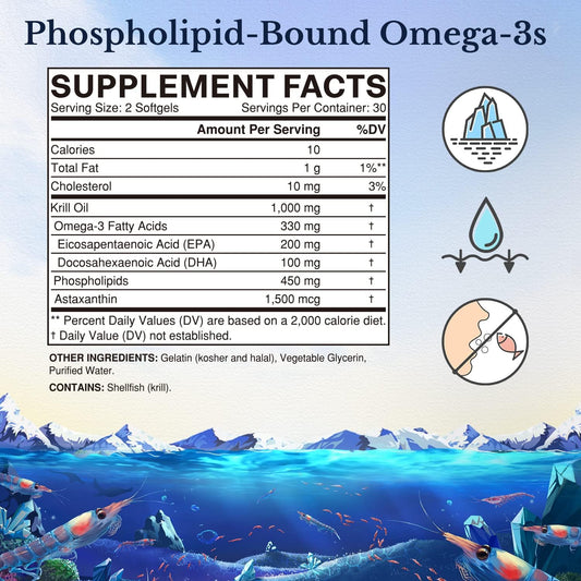 VITALITOWN Antarctic Krill Oil 1000mg, with Omega-3s EPA & DHA, Antioxidant Astaxanthin, No Fishy Odor or Aftertaste, Su