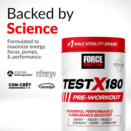 Force Factor Test X180 Pre-Workout Powder & Energy Supplement, Boost Focus & Endurance, Build Muscle & Strength, Nitric