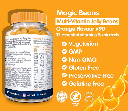 Actikid Magic Beans Multi-Vitamin 90X Orange Flavour, Gelatine Free, I195 Grams