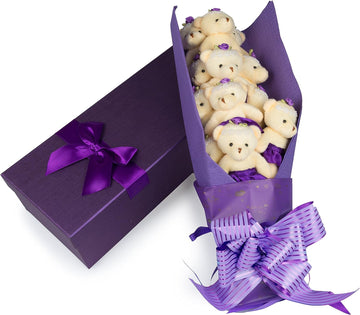 Deluxe Purple Love Bear Bouquet In Gift Box -One Dozen Long Stemmed Rose Stuffed Flower Plush Bears W Tutus-Gift Wrapped