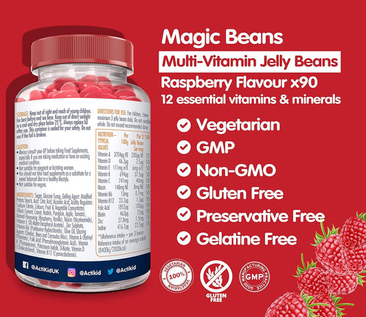 Actikid Magic Beans Multi-Vitamin 90X Raspberry Flavour, Gelatin Free,195 Grams