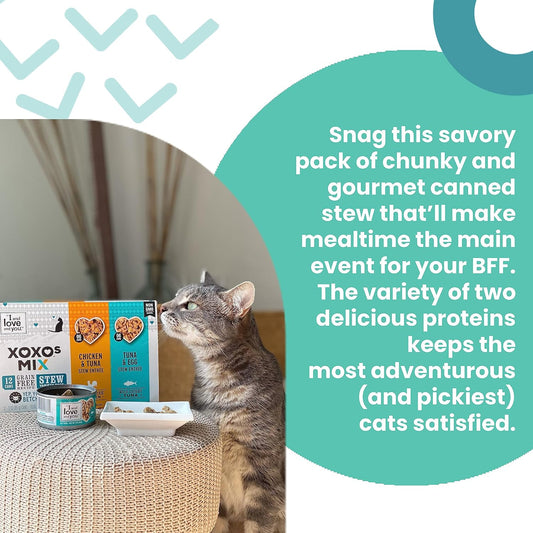 I And Love And You" Xoxos Canned Wet Cat Food, Chicken And Tuna/Tuna And Egg Stew, Grain Free, Real Meat, No Fillers, 3