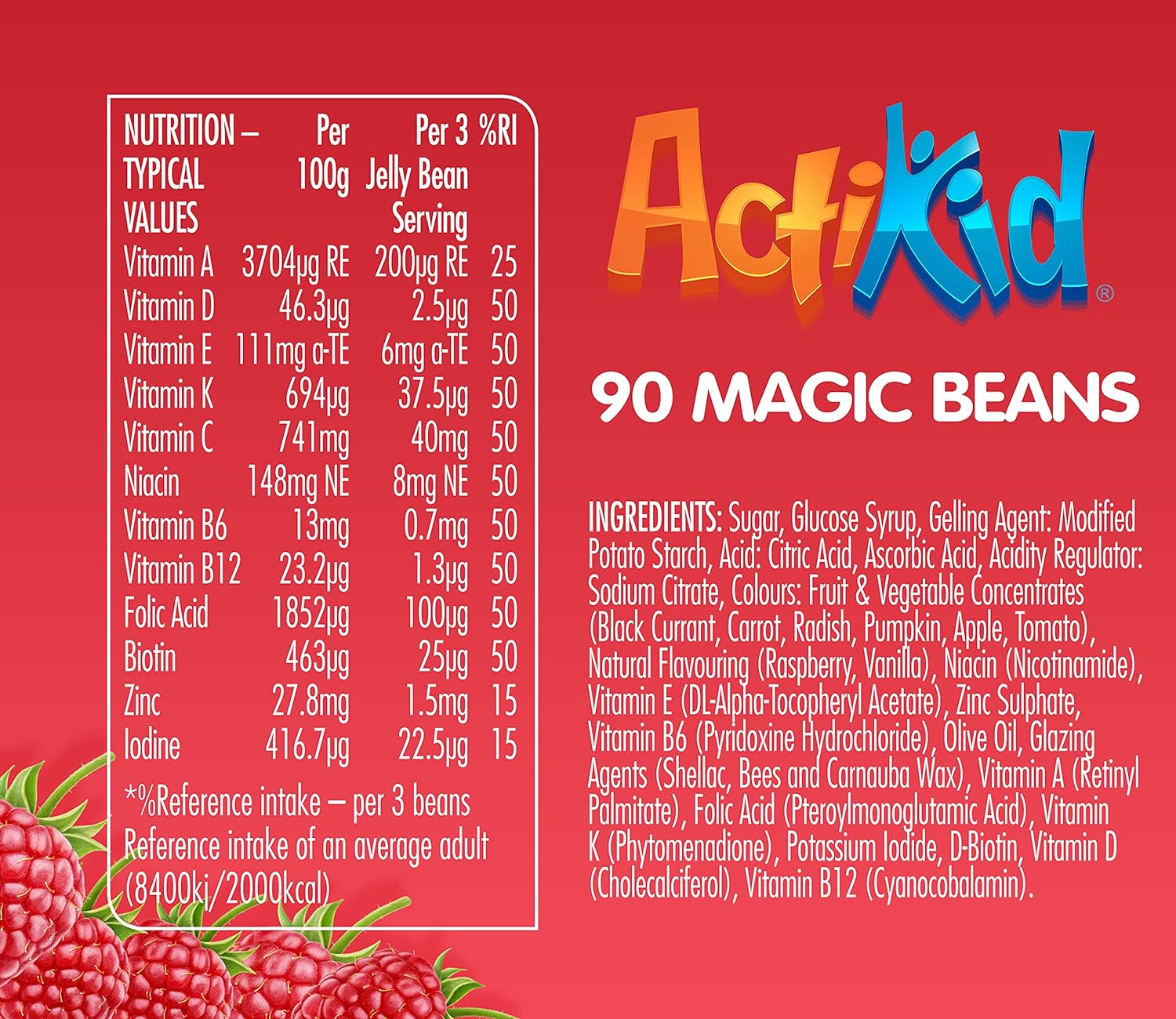 ActiKid Magic Beans Multi-Vitamin 90x Raspberry Flavour, Gelatin Free,