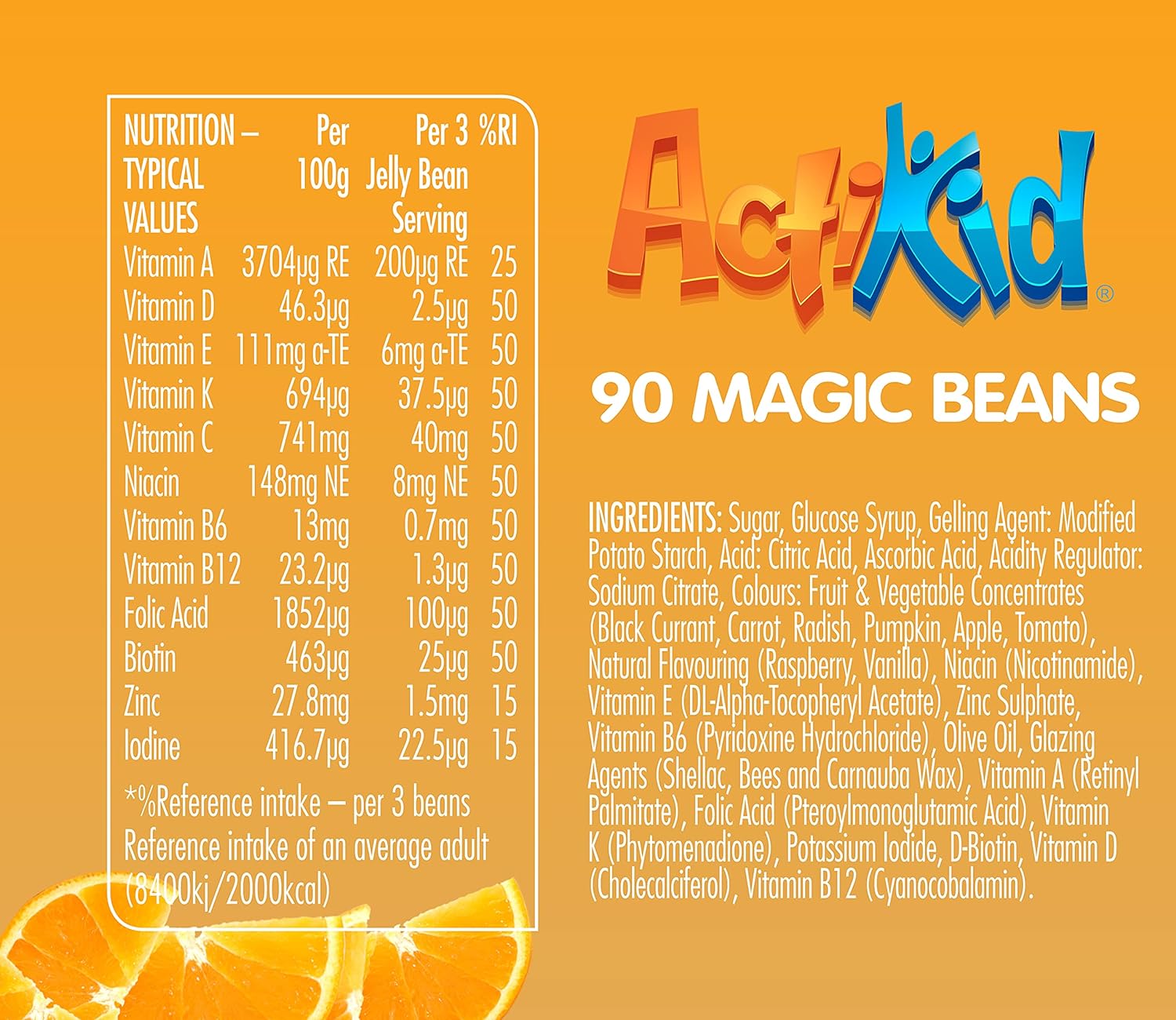 ActiKid Magic Beans Multi-Vitamin 90x Orange Flavour, Gelatine Free, I