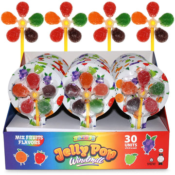 Zazers Jelly Pop Windmill Jelly Beans Candy, 30 Individual Pack Of Mix Fruits Flavor Windmill Candy Pops, Kosher Novelty