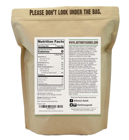 Anthony'S Erythritol And Monk Fruit Sweetener Golden, 1 Lb, Granulated, 1 To 1 Brown Sugar Substitute, Non Gmo, Keto Fri