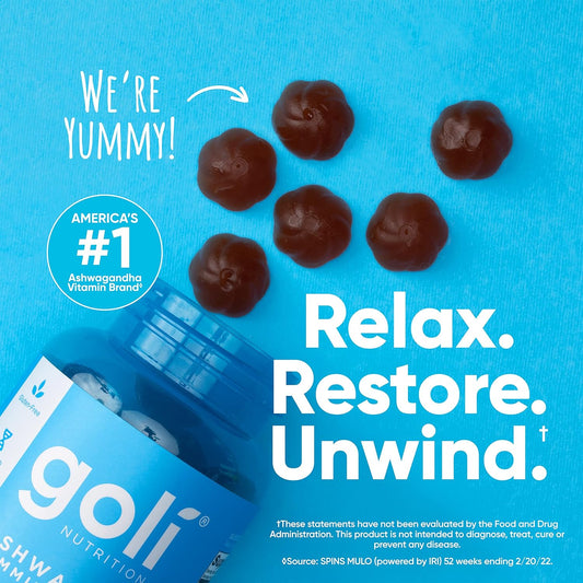Goli Ashwagandha & Vitamin D Gummy - 60 Count - Mixed Berry, Ksm-66, Vegan, Plant Based, Non-Gmo, Gluten-Free & Gelatin Free Relax. Restore. Unwind, Pack Of 1