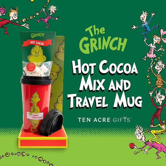 Ten Acre Gifts Dr Seuss The Grinch Stainless Steel Tumbler And Hot Chocolate Gift Set, Includes Travel Mug With Lid, Hot Cocoa Mix And Mini Marshmallows