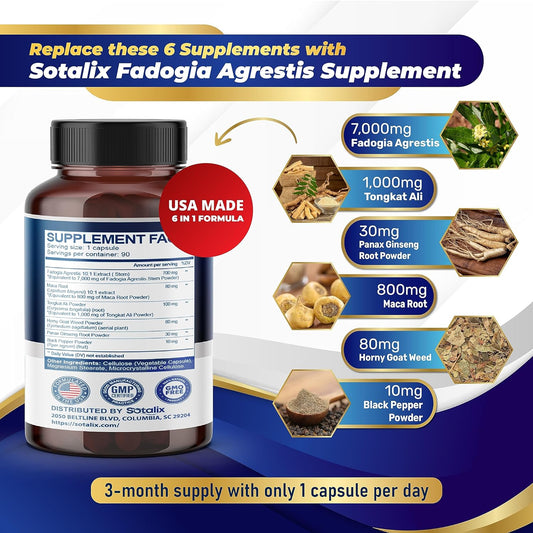 Sotalix Supplement High Strength Fadogia Agrestis Capsules - 8920 Mg Concentrated Extract Formula With Maca Root - Suppo