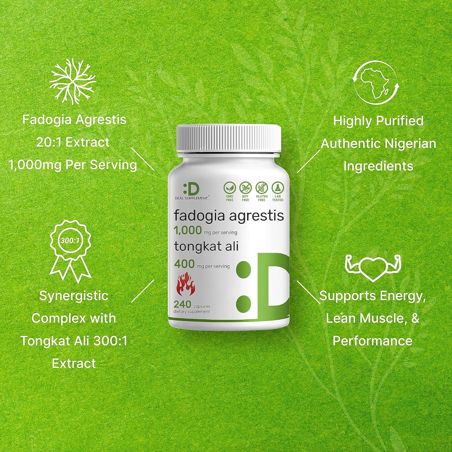 Fadogia Agrestis 1,000mg & Tongkat Ali (Longjack) 400mg, 24