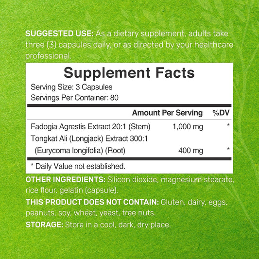 Fadogia Agrestis 1,000Mg & Tongkat Ali (Longjack) 400Mg, 240 Capsules  Max Strength Stem & Root Extract  Muscle Mass &