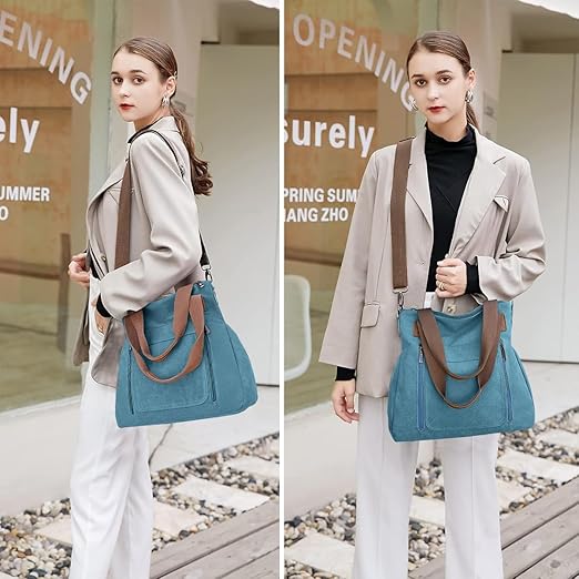 Canvas Tote Bag for Women – Large Capacity Shoulder Handbag with Detachable Strap, Hobo-Style Travel & Shopping Purse (Blue)