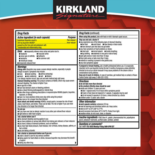 Kirkland Signature Ibuprofen, 200 mg, Pain Reliever/Fever Reducer, 360 Liquid Filled Capsules