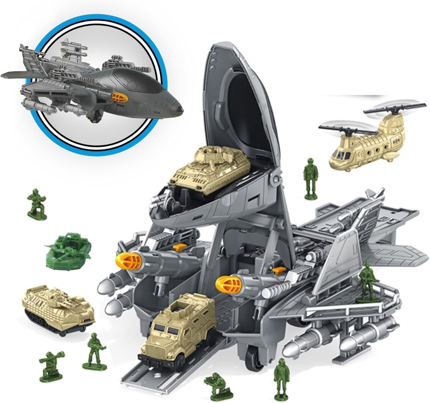 Multi-Purpose Armed Fighter Toy Jet – Battle Military Airplane Playset with Missile Trucks, Helicopter & Army Men for Kids (Ages 3+)