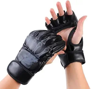 Half-Finger Boxing Gloves – Kickboxing, MMA, Grappling, and Training Gloves for Men & Women, PU Leather Punching Mitts (Black)