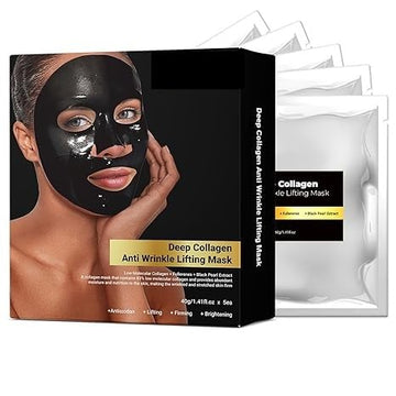 Anti-Wrinkle Lifting Deep Collagen Face Mask - Black Hydrating & Anti-Aging with Fullerene & Black Pearl Essence for Firming & Moisturizing Skin (4 pieces/box)