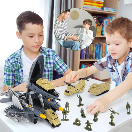 Multi-Purpose Armed Fighter Toy Jet – Battle Military Airplane Playset with Missile Trucks, Helicopter & Army Men for Kids (Ages 3+)
