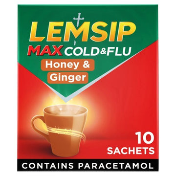 Lemsip Max Cold & Flu – Honey & Ginger Flavour Sachets – 10 Pack – Fast Relief for Cold, Flu, Headache, Fever & Congestion
