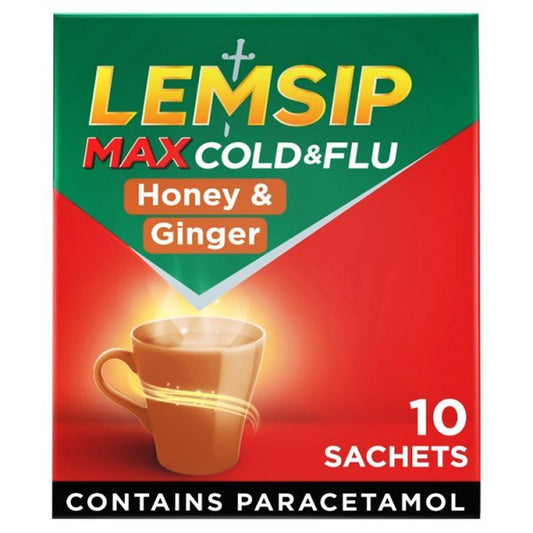 Lemsip Max Cold & Flu – Honey & Ginger Flavour Sachets – 10 Pack – Fast Relief for Cold, Flu, Headache, Fever & Congestion