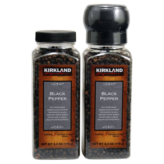 Kirkland Signature Whole Black Peppercorns, Adjustable Ceramic Grinder. 6.3 oz (Pack of 2)