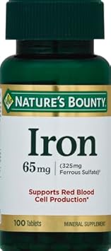 Nature'S Bounty Iron 65Mg, 325 Mg Ferrous Sulfate, Cellular Energy Support, Promotes Normal Red Blood Cell Production, 100 Tablets