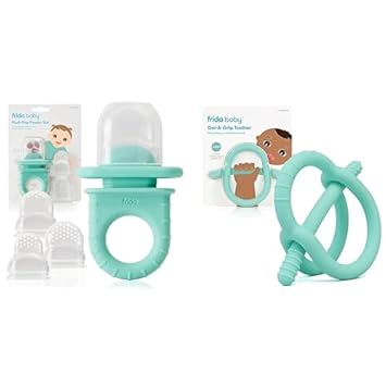 Frida Baby Push Pop Feeder, Baby Fruit Feeder + Get-A-Grip Teether Teething Toy | 100% Food-Grade Silicone Food Pacifier & Teether Toy For Baby 0-6, 12, 18 Months Infant, (Teal)