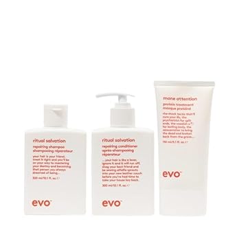 Evo Ritual Salvation Repairing Routine Bundle: Repairing Shampoo, Repairing Conditioner, And Mane Attention Protein Treatment