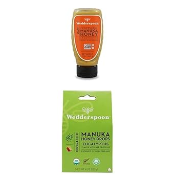 Bundle - Wedderspoon Raw Premium Manuka Honey Kfactor 16 Squeeze Bottle (12 Oz) And Manuka Honey Drops, Eucalyptus & Bee Propolis (4 Oz)