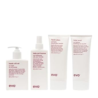 Evo Coily Hair Care Routine Bundle: Heads Will Roll Cleansing Conditioner, Baby Got Bounce Curl Treatment, Liquid Rollers Curl Balm, Total Recoil Curl Definer