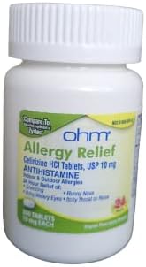Ohm 24-Hour Antihistamine Cetirizine Hcl 10 Mg Tablets, 300 Count – All-Day Allergy Relief For Itchy Eyes, Runny Nose, Hay Fever, Pollen, And Indoor & Outdoor Allergies : Health & Household