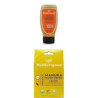 Bundle - Wedderspoon Raw Premium Manuka Honey Kfactor 16 Squeeze Bottle (12 Oz) And Manuka Honey Drops, Lemon & Bee Propolis (4 Oz)