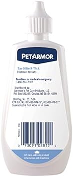 PetArmor Ear Mite Treatment for Cats, Ear Mite Medicine Kills Ticks and Ear Mites to Relieve Itchiness, Ear Mite Drops Sooths Ears with Aloe, 3oz
