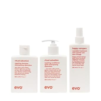 Evo Ritual Salvation Repairing Hair Care Essentials Bundle: Ritual Salvation Repairing Shampoo, Ritual Salvation Repairing Conditioner, Happy Campers Wearable Treatment