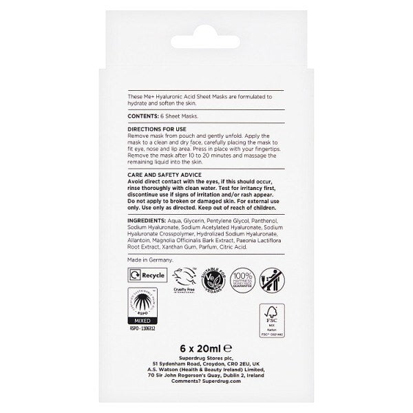 Me+ Hyaluronic Acid Sheet Mask 6Pk