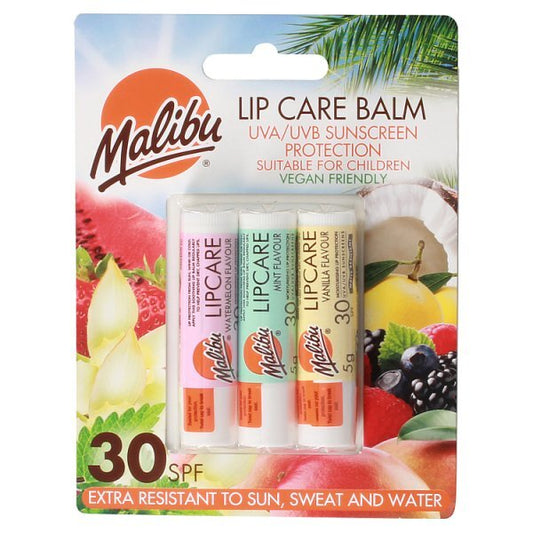 Malibu Lipbalm Vanilla,Tropical & Strawberry Spf30 3 Pack