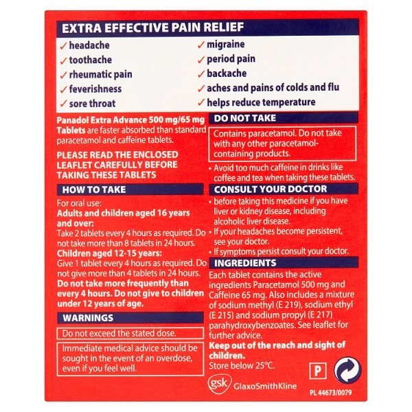 Panadol Paracetamol Pain Relief Tablets 500Mg Advance 30S