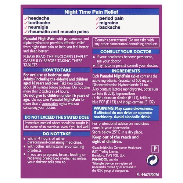 Panadol Night Paracetamol + Diphenhydramine Tablets 20S