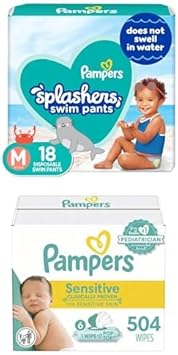 Pampers Splashers Swim Diapers - Size M, 18 Count, Gap-Free Disposable Baby Swim Pants + Pampers Sensitive Baby Wipes, Water Based, Hypoallergenic and Unscented, 6 Flip-Top Packs (504 Wipes Total) : Baby