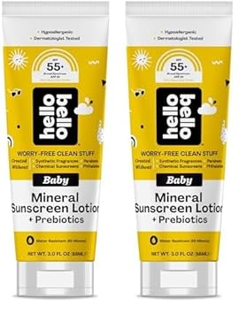 Hello Bello Mineral Spf 55+ Sunscreen Lotion With Prebiotics I Water Resistant And Reef Friendly Sun Protection For Babies And Kids I 3 Fl Oz (Pack Of 2)