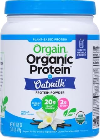 Orgain Organic Vegan Protein Powder + Oat Milk, Vanilla Bean - 20G Plant Based Protein, Gluten Free, No Dairy, Soy Or Lactose Ingredients, Low Sugar, Non-Gmo, Kosher, For Shakes & Smoothies - 1.05Lb